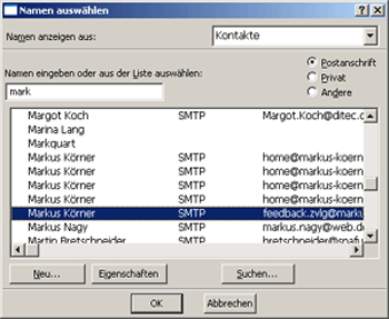 Abbildung 2: Dialogbox zum Auswählen der Adresse aus einem Outlook-Kontaktordner.