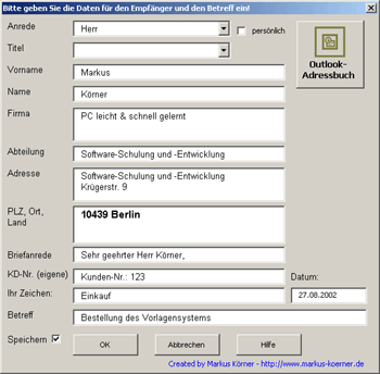 Abbildung 3: Brief-Dialogbox mit Adresse aus MS Outlook® gefüllt