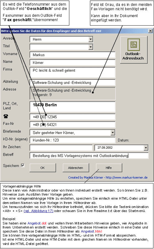 Abbildung 14: Fax-Dialogbox und Erklärungen zur vorlagenabhängigen Hilfe